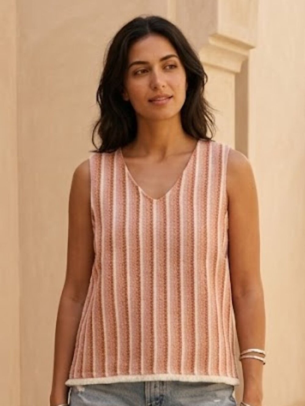 THML Striped V-Neck Fringe Hem Tank Top Size M